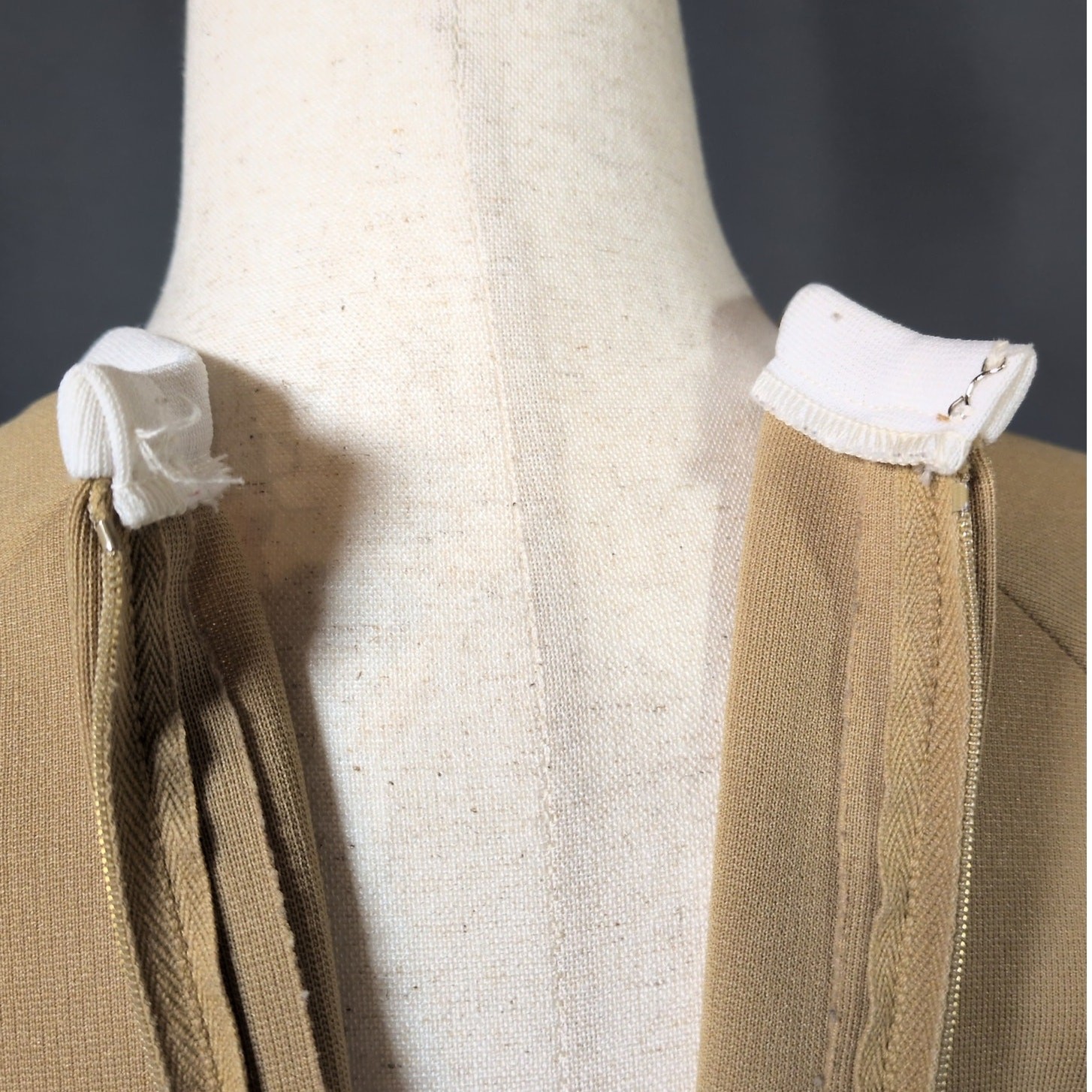 Vintage 1960s Lester Paul Beige Khaki White Contrast Pleated A-Line Dress