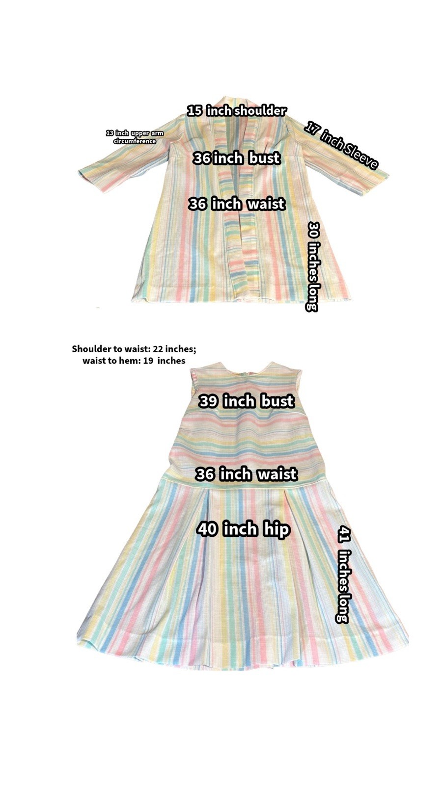 VINTAGE CIRCA 1970’S WHITE W/PASTEL STRIPES DROP WAIST DRESS SET SZ APPX MED