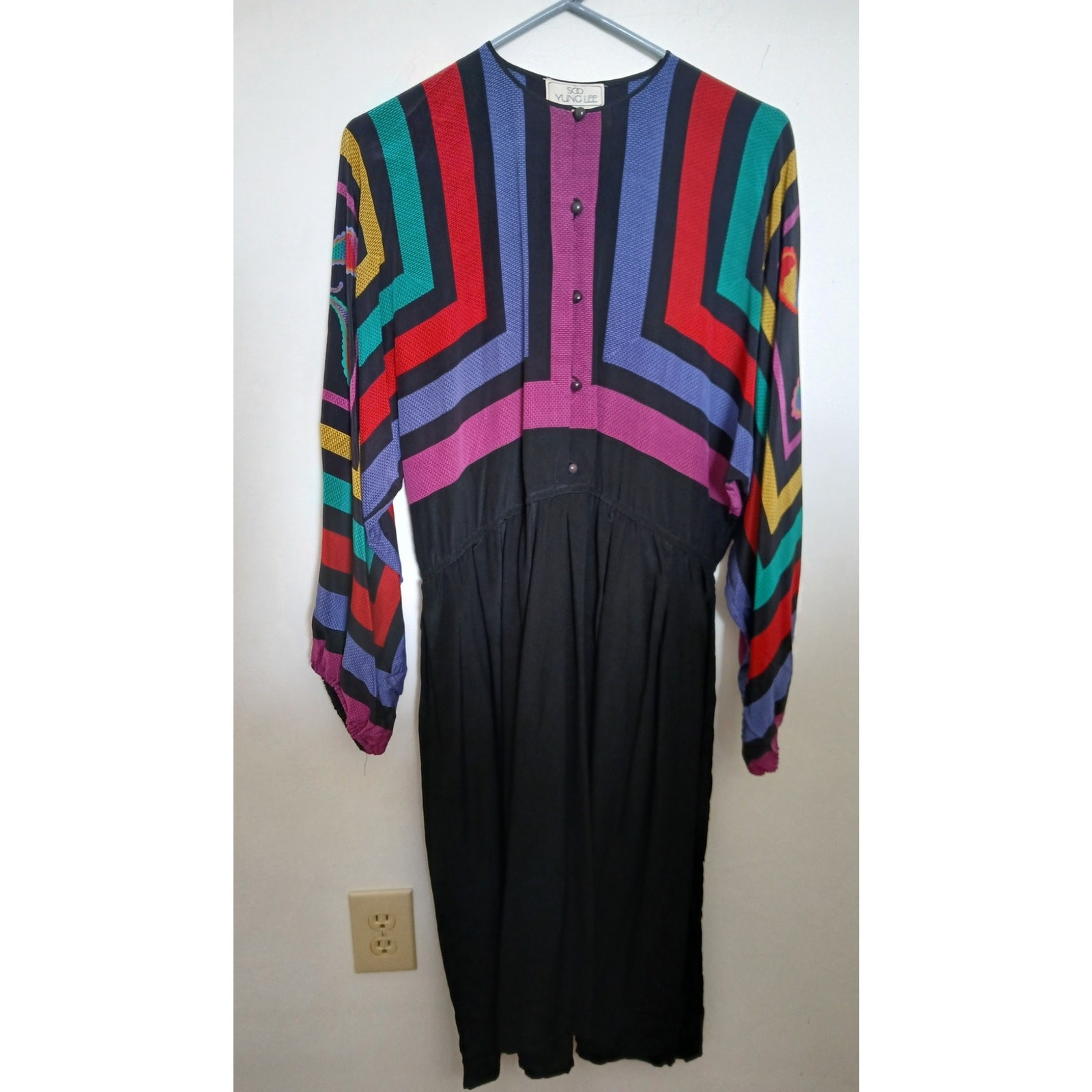 Vintage 1980’s Soo Yung Lee Oversized 4 Dolman Sleeve Silk Dress 6 8 Black Red