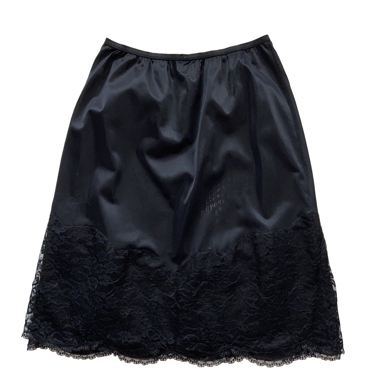 Vtg 1950’s Vanity Fair Black Half Slip Lace Trimmed Tricot Nylon Size Medium