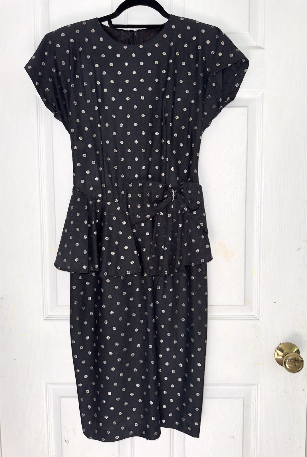 Vintage ifi Black Silver Glitter Polka Dot Peplum Dress – 40’s Retro Style
