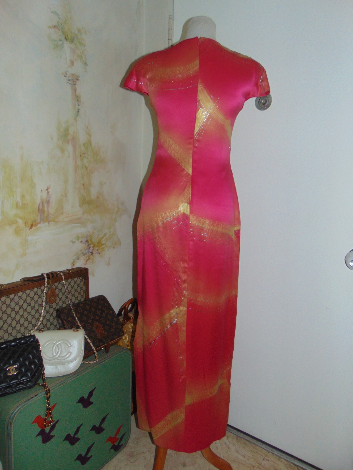 William Pearson Designer Vintage Dress Cheongsam Slit Rose Pink Gold Silver sz 6