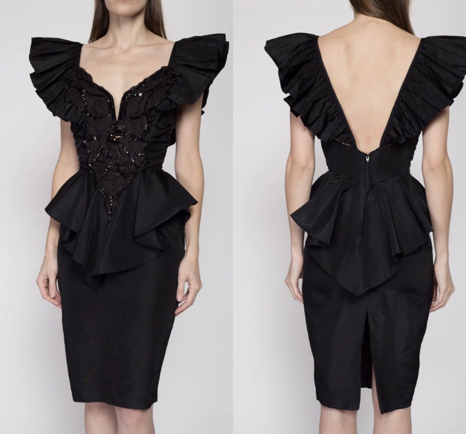 Vintage 80’s Climax Karen Okada Ruffled Peplum Bodice, knee Length Dress. Sz 5/6