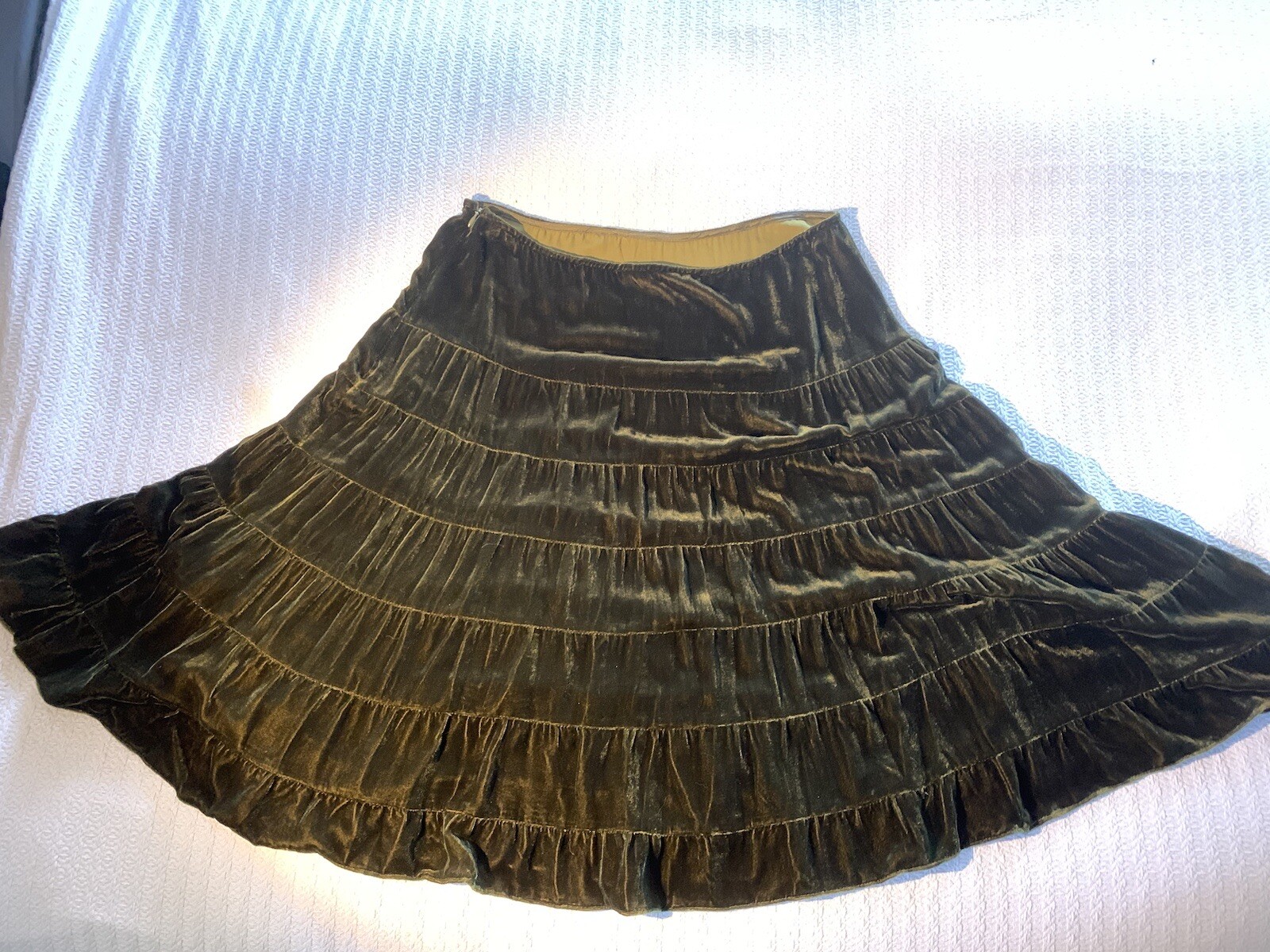 Vintage 90s Moss Green Silk Velvet Ruffle Skirt Goth Boho WhimsyGoth Academia L