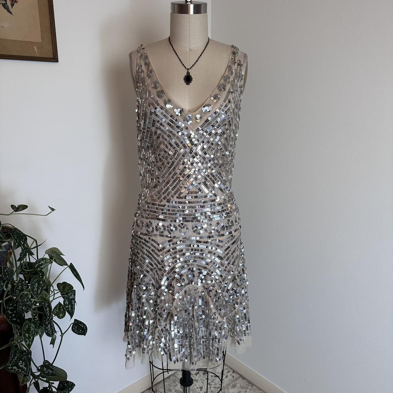 Vintage 1920s style Free people silver sequin beaded short dress drop waist XS
