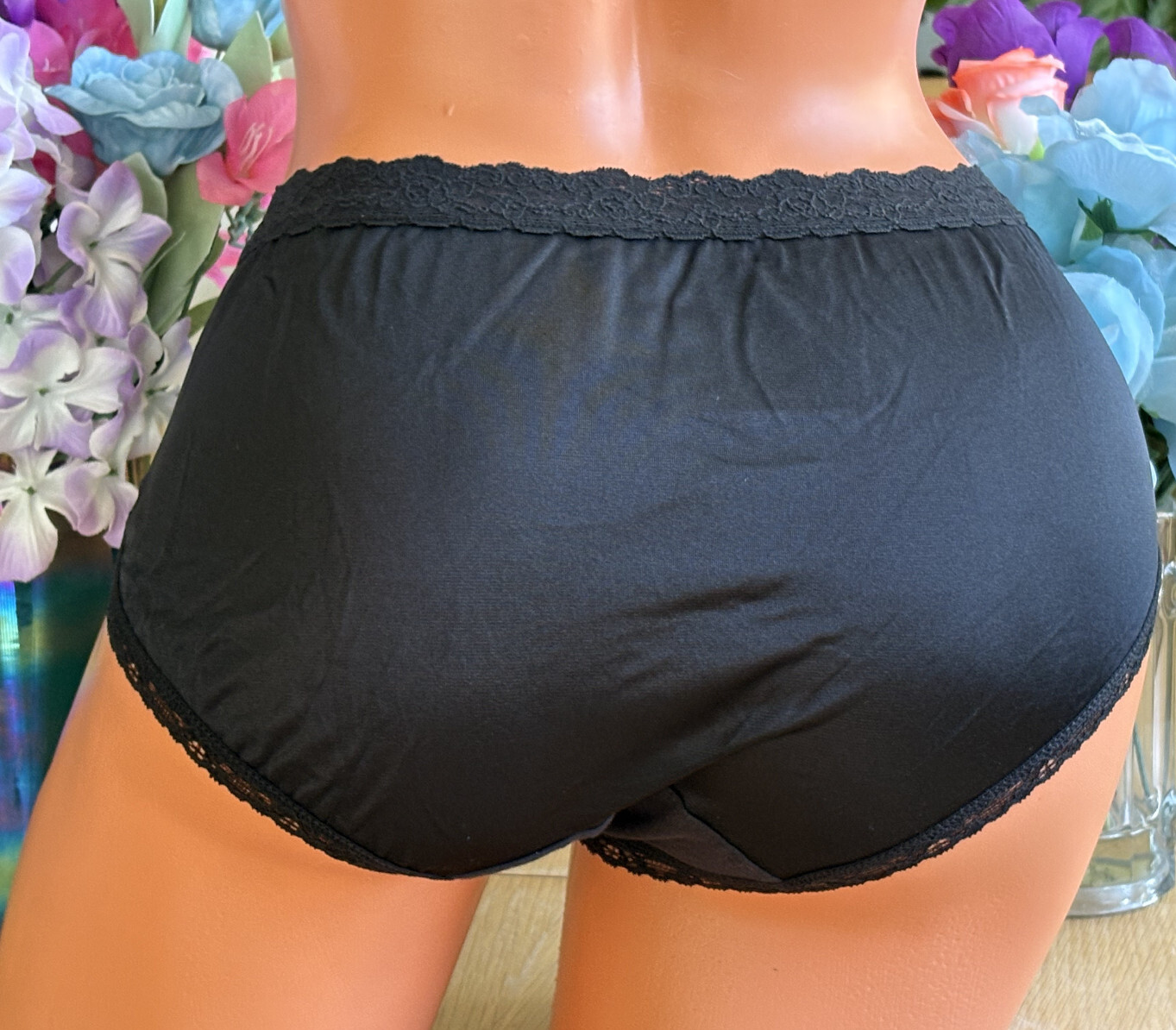 COTILLION Large BLACK Hi Shine SATIN All Nylon Lace Trim Brief Panties NWOT VTG
