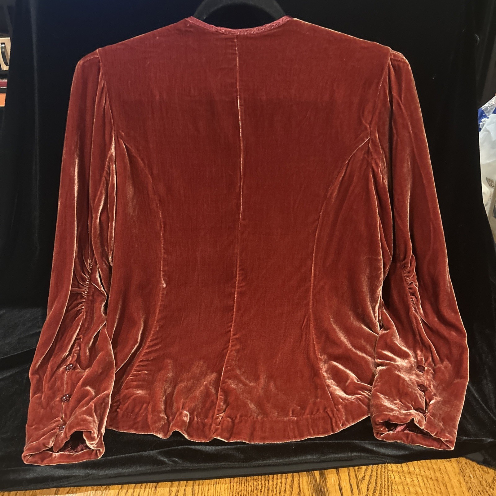 Vintage April Cornell Red Velvetine Coat Rauching & Button Accents Size S