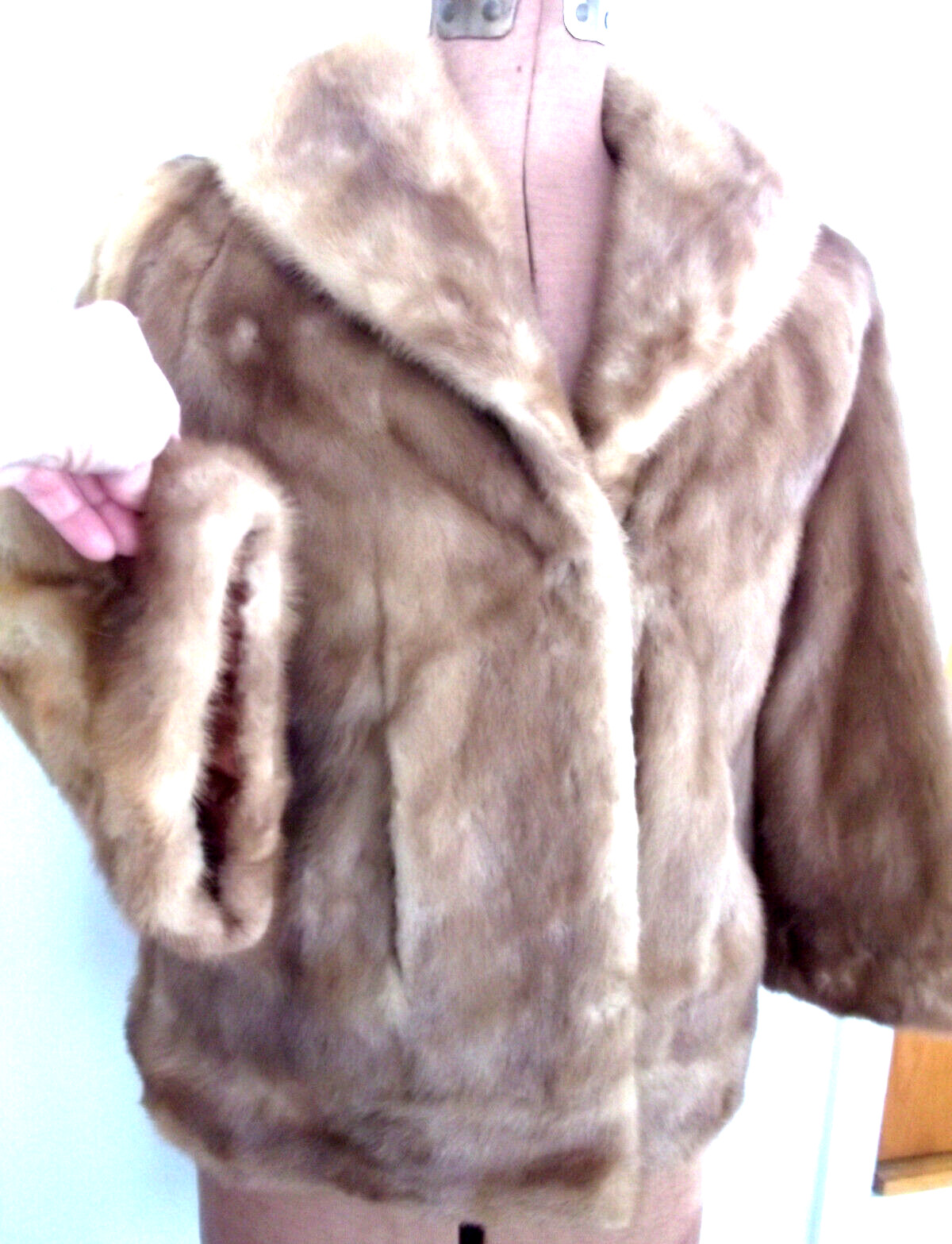 Vtg USA 60s EMBA Pastel BN MINK Emb Satin LD 3/4 Slv Pks Col 2 H&E JACKET/Sz M/L