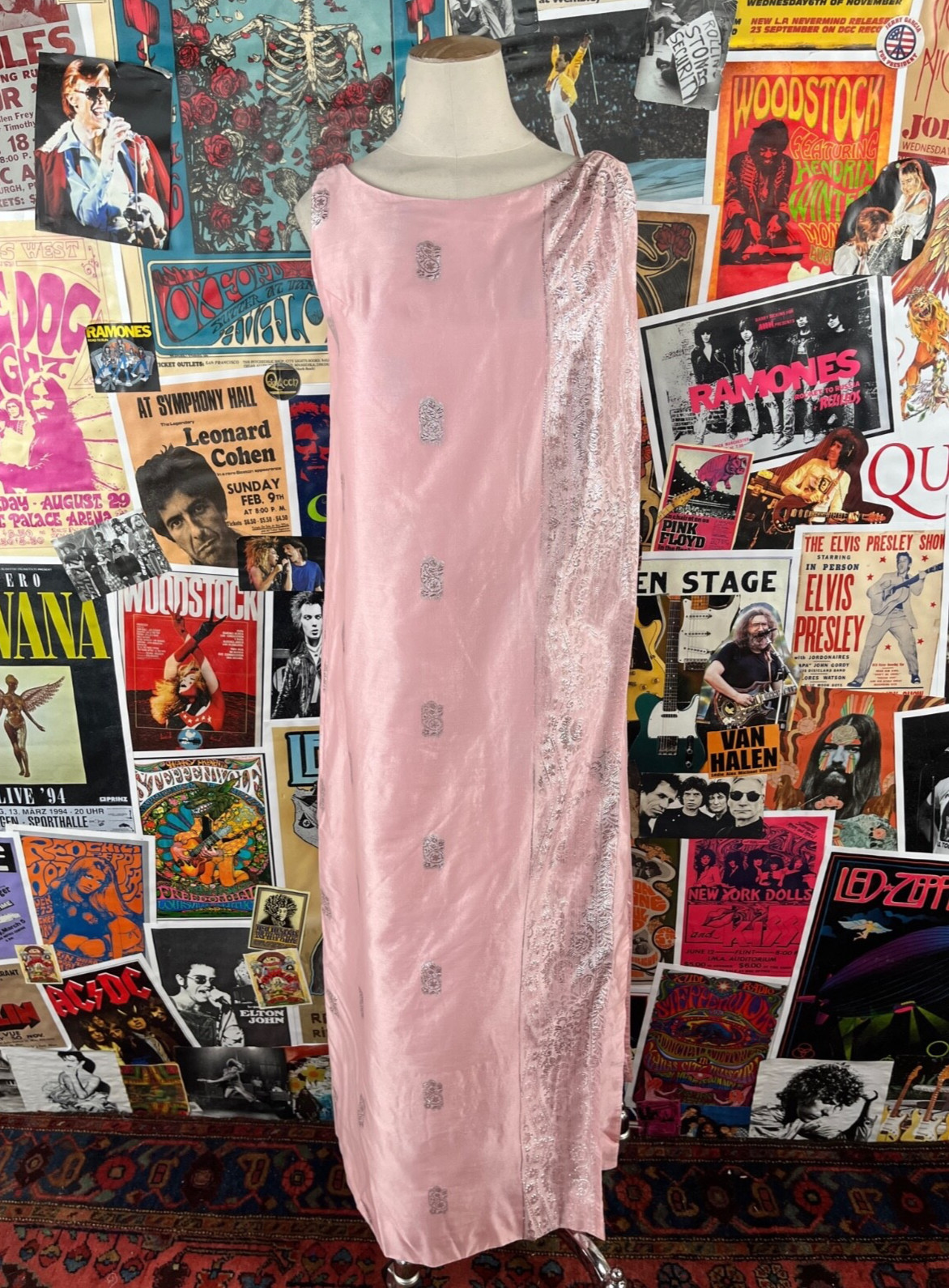 Vtg 60s 70s Pink Silver Lamé Boatneck Sleeveless Cape Hostess Maxi Dress Glam