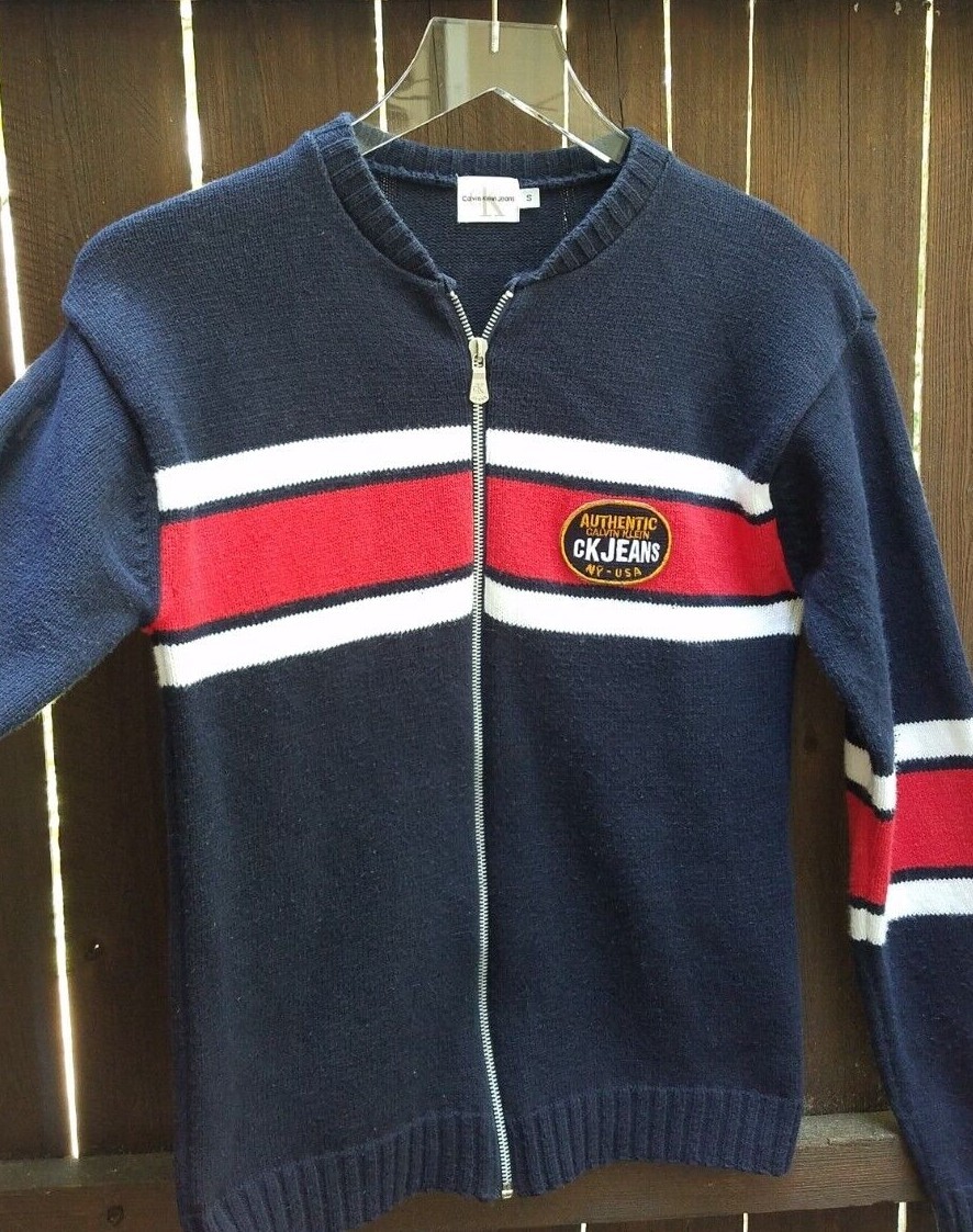 VTG Y2K Calvin Klein Jeans Red White Blue Stripe USA Full Zip L/S Cardigan Logo
