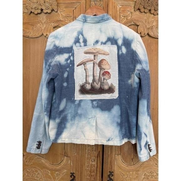 Size 14 Bleached Chambray Jacket Mushroom Patch Folk Art Upcycled