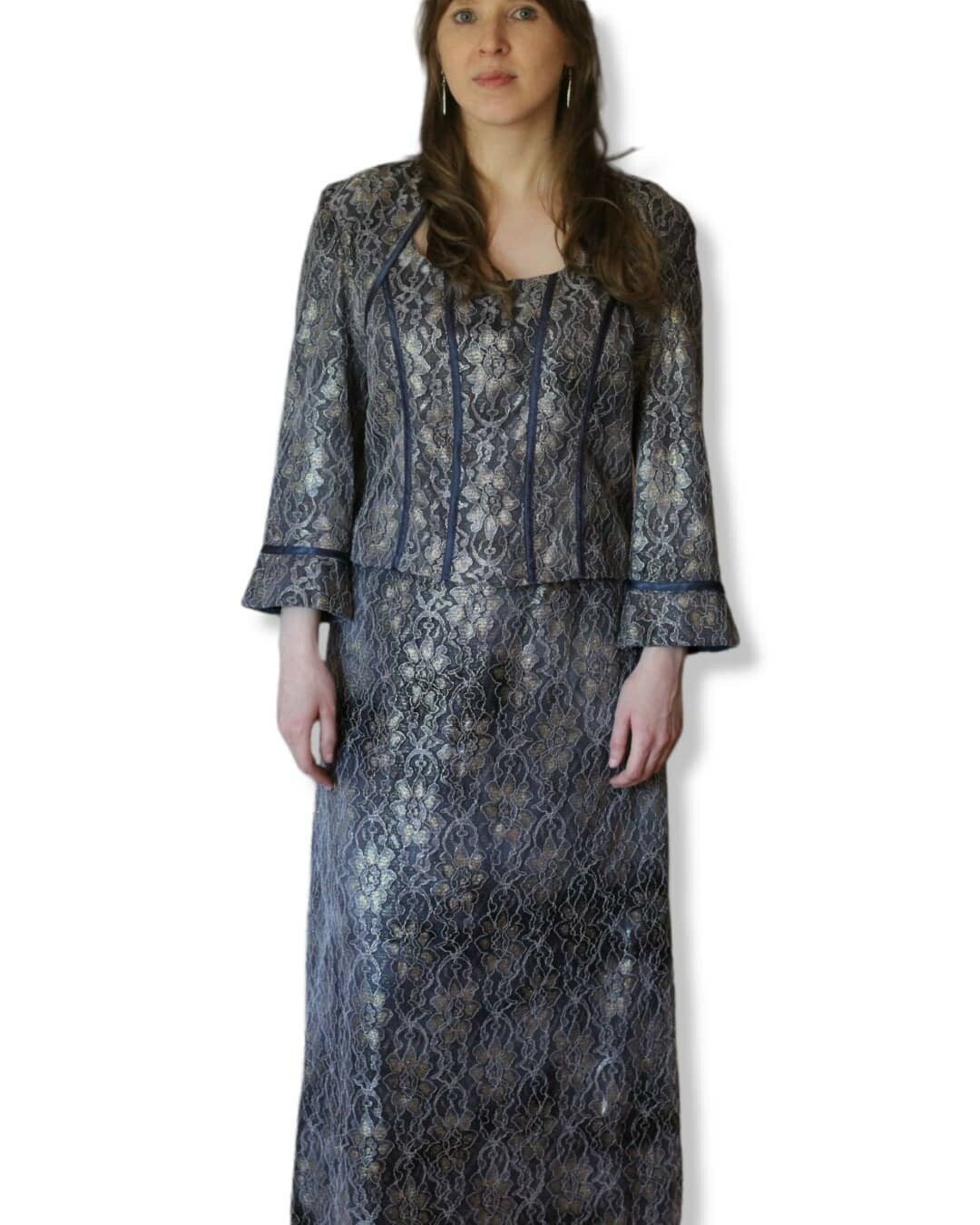 Vintage Metallic Lace Shell Top Maxi Skirt Bolero Cocktail Set JR Nites Caliendo