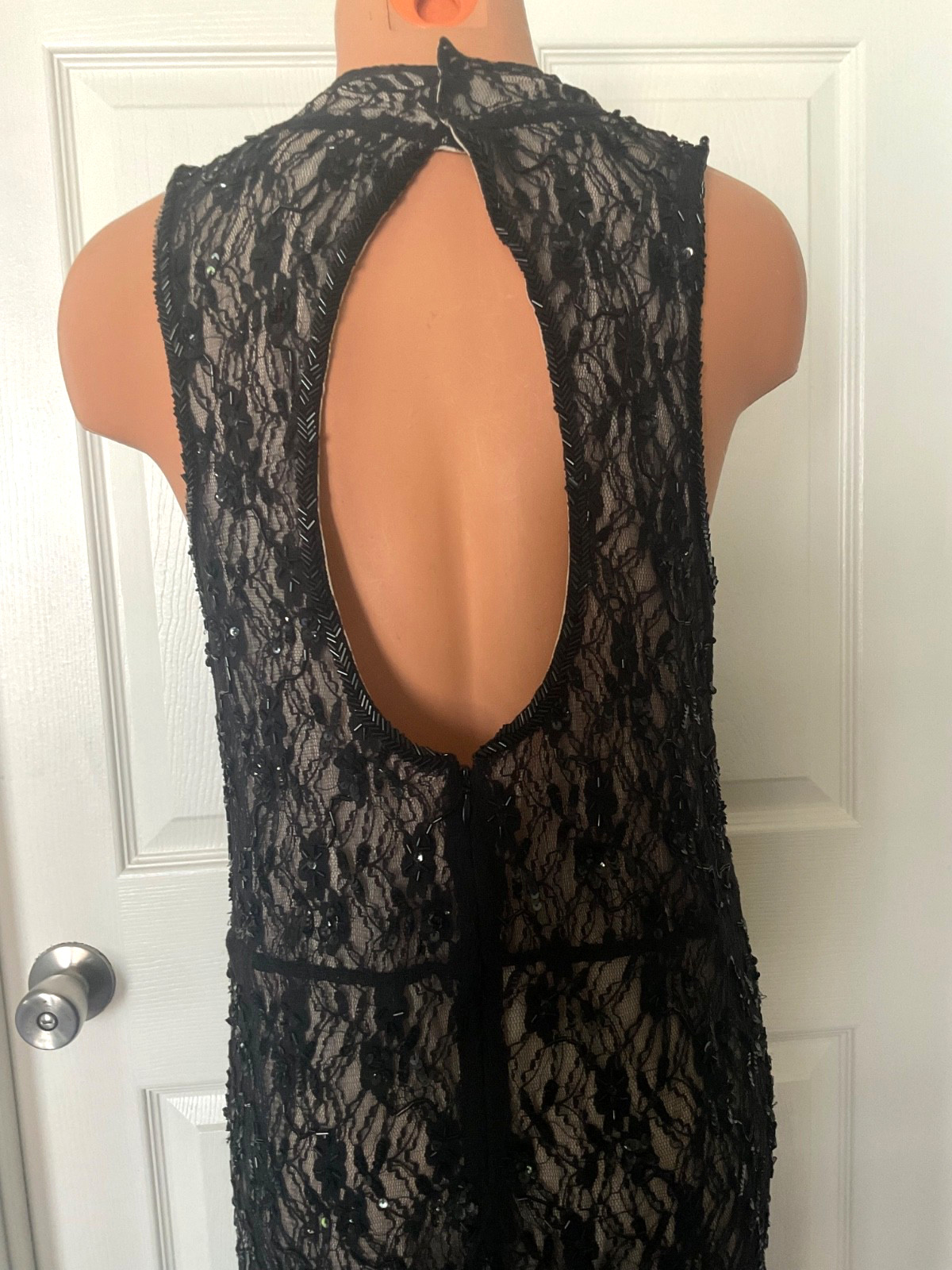 Vtg Nude Illusion Black Sequin Beaded Art Deco Dress Size Large