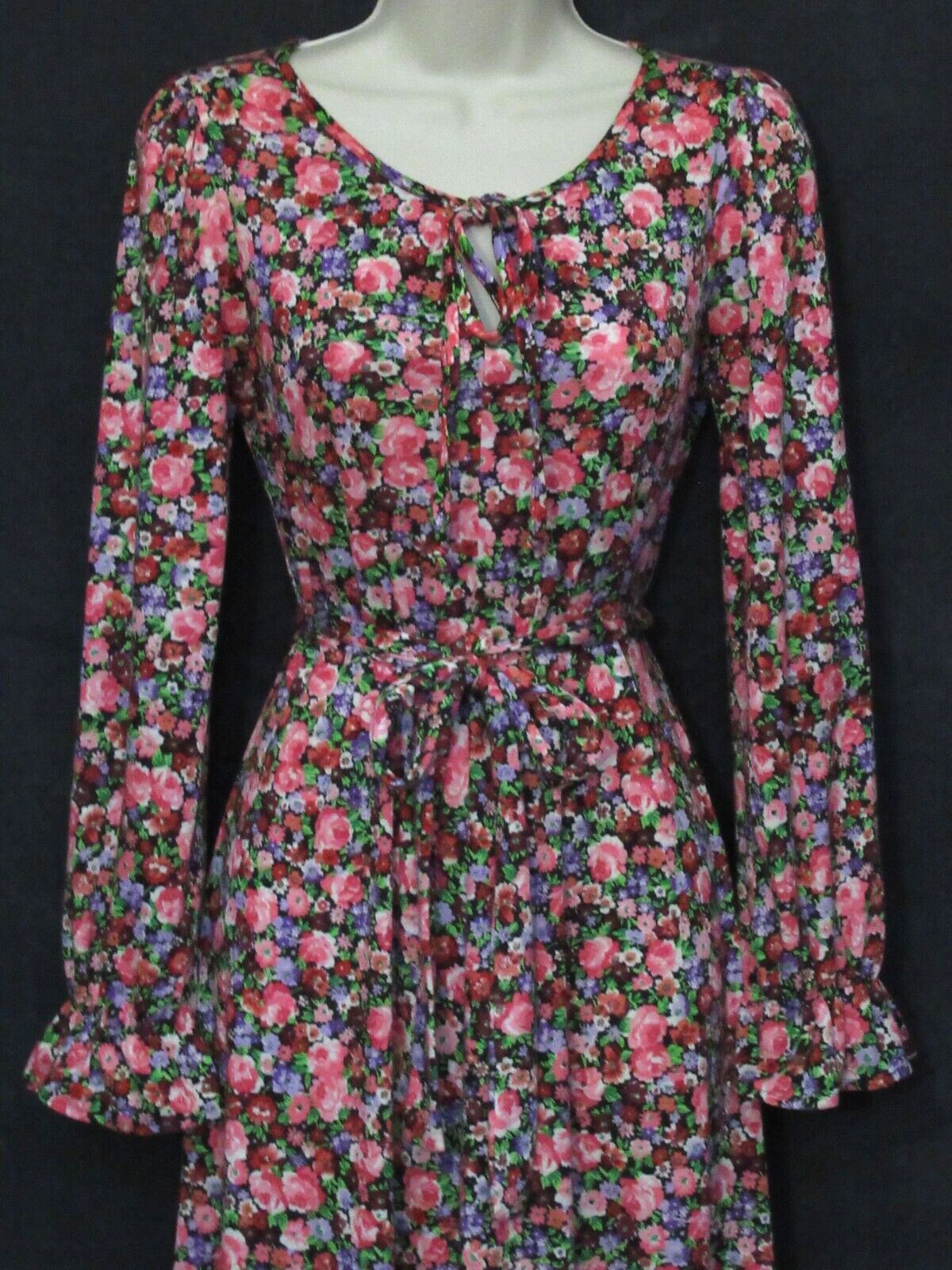 70’s Vintage Eva Robert Janan Italy Black Pink Floral Keyhole Belted Midi Dress