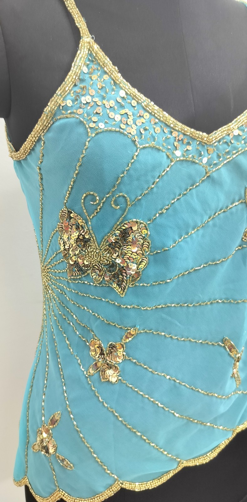 Vintage Y2K Bead Embroidery Costume Sequin Top Blouse Sheer Turquoise Gold Tunic