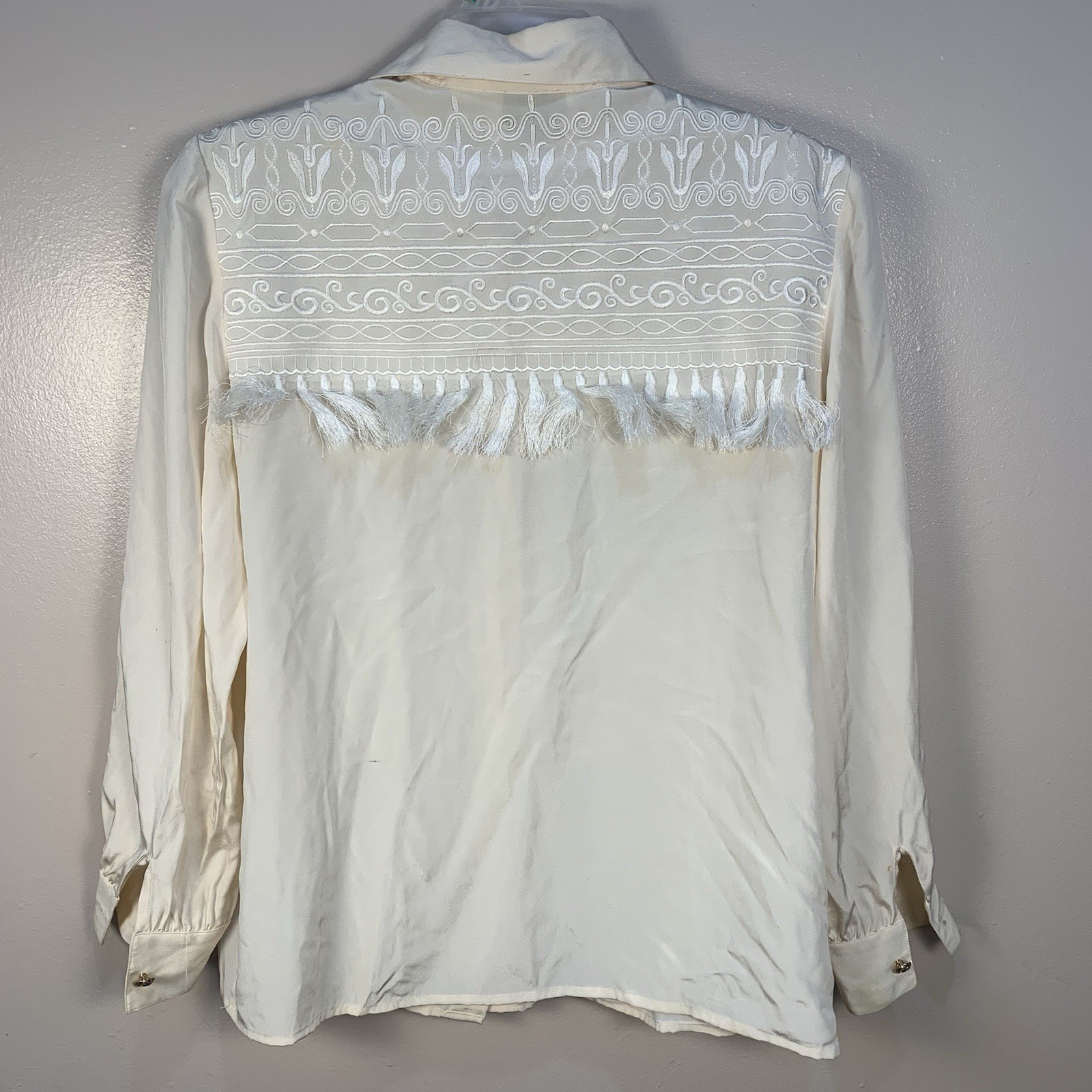 VTG Francesca of Damon 100% Silk Embroidered Tassel Country Western Blouse 14