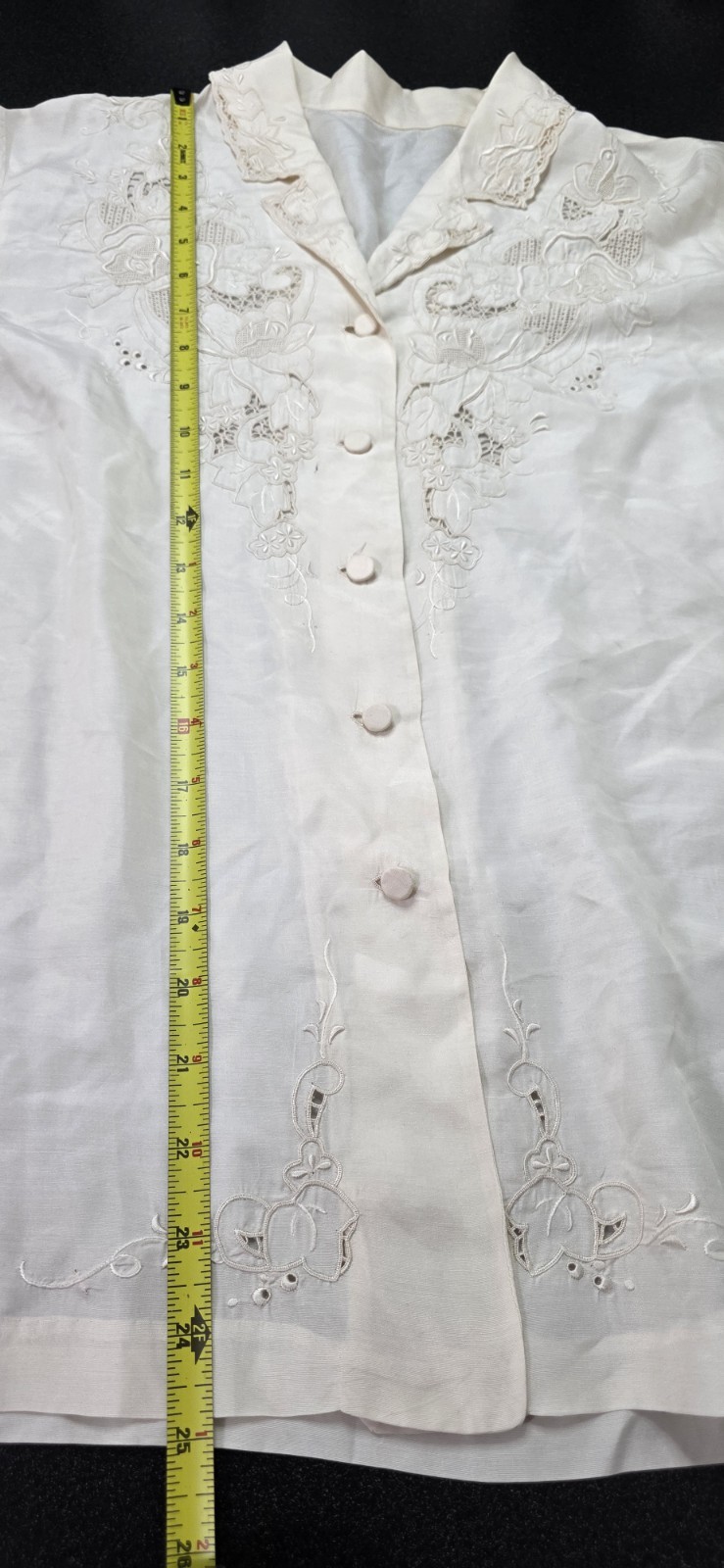 Vintage 70s Silk Hand Embroidered Cut Out Lace Blouse Boho Victorian Ivory