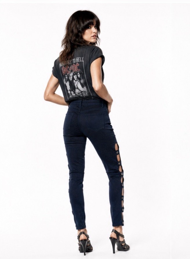 NWT 1980s VTG TRAFFIC Cutout Ladder Strap Rock Band Chick Dark Blue Jeans 9/10