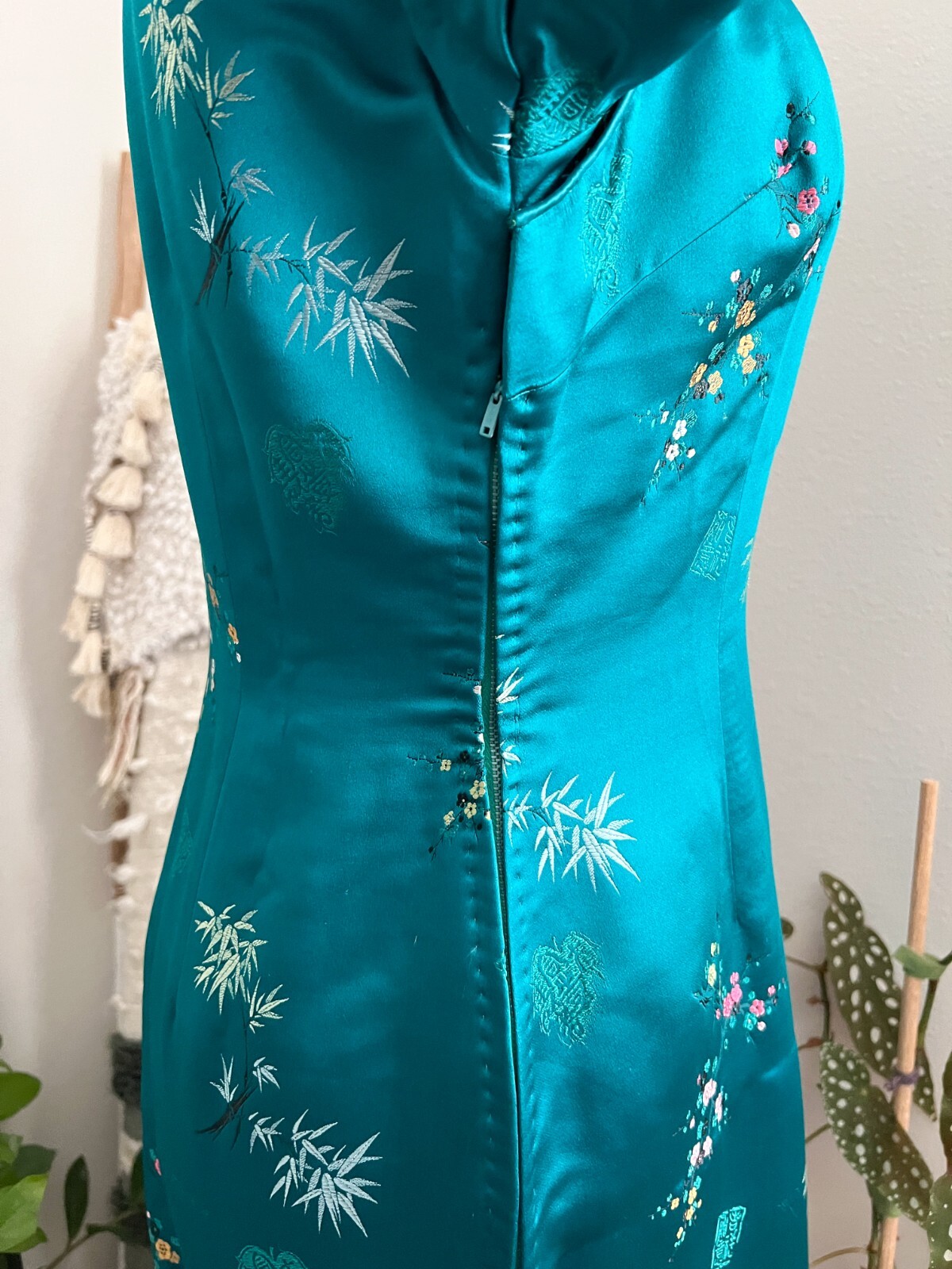 Vintage 1960’s Silk Blue Green Hue 60s Cheongsam Qipao Dress Floral Embroidery