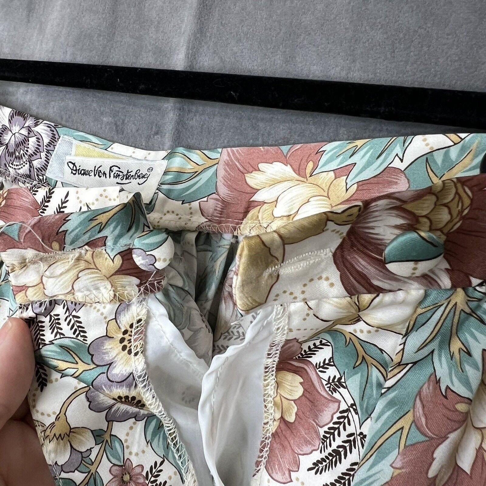 Vintage Diane Von Furstenberg Floral Midi Skirt Tan Pink Green Botanical Sz 12