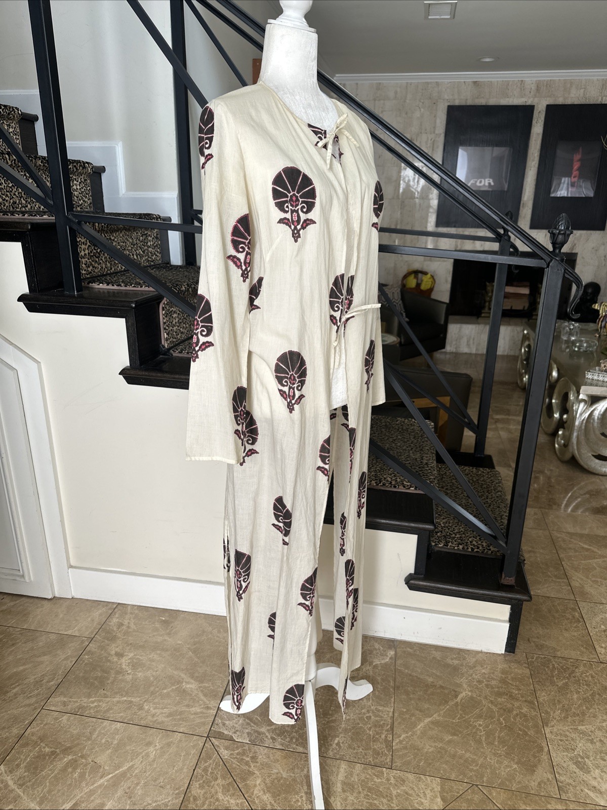 Muriel Brandolini VTG Graphic Print Long Cotton Tied Kaftan For Beach/Lounging S