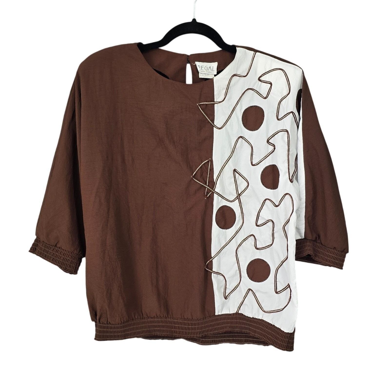 VTG Regal Women Brown White Abstract Geometric Smocked Blouse Small Made in USA