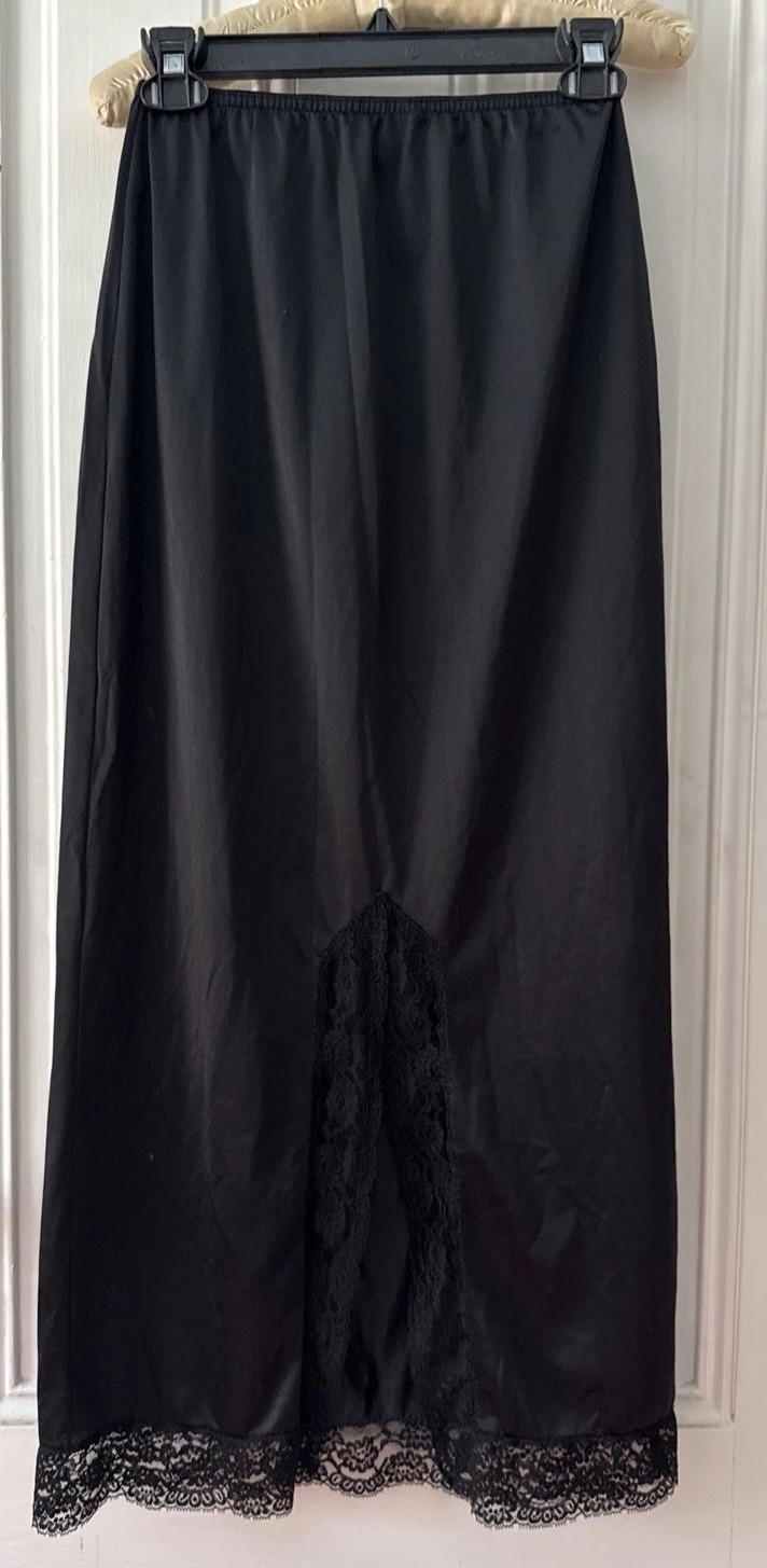 Vintage 70s Greenco Maid Black Nylon Maxi Slip W Front Slit & Lace Trim- Size S
