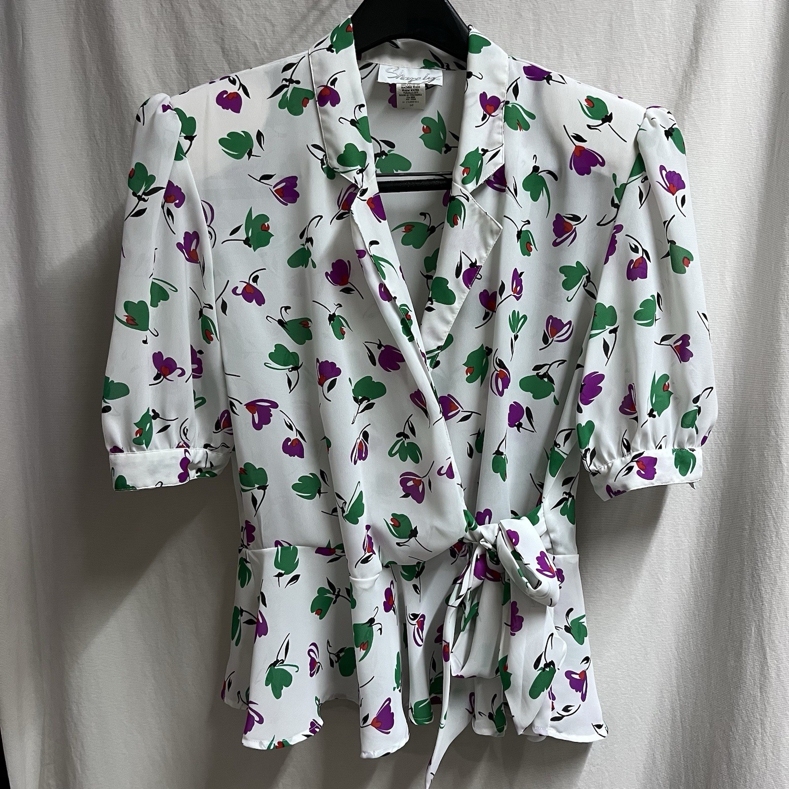 Vintage 80s Shapely Peplum Blouse Puff Sleeve SZ 10 Floral Wrap Tie Padded