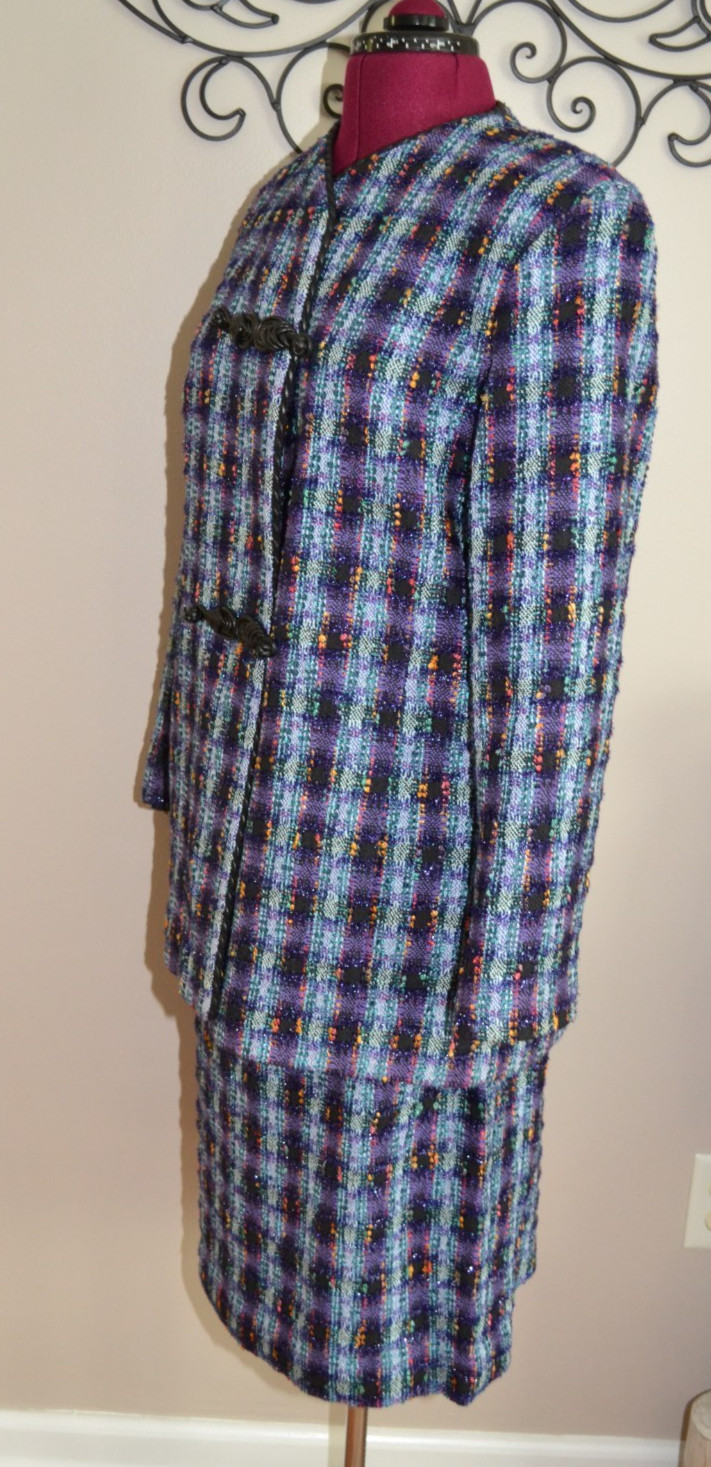 VTG Doncaster Tweed Skirt Suit Set 12 14 Faux Leather Trim Quiet Luxury NWT