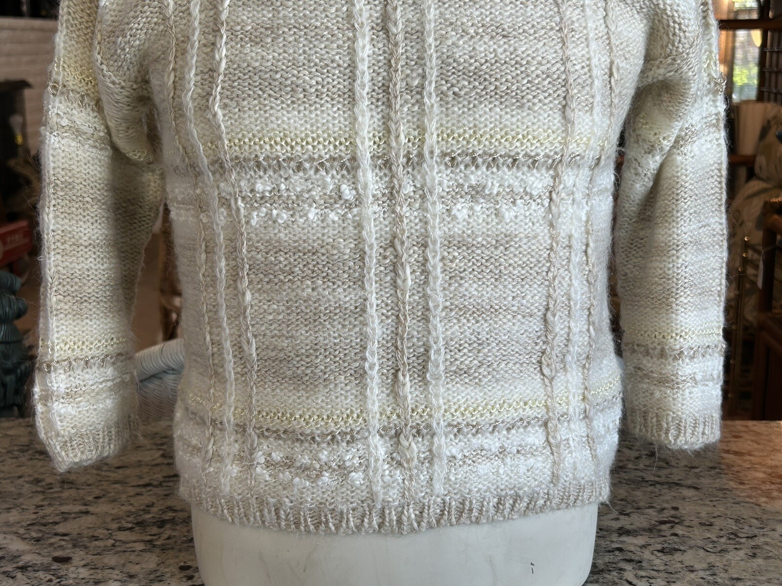 Vintage Beldoch Popper Knit Acrylic Sweater Junior L Women’s S Beige Tan White
