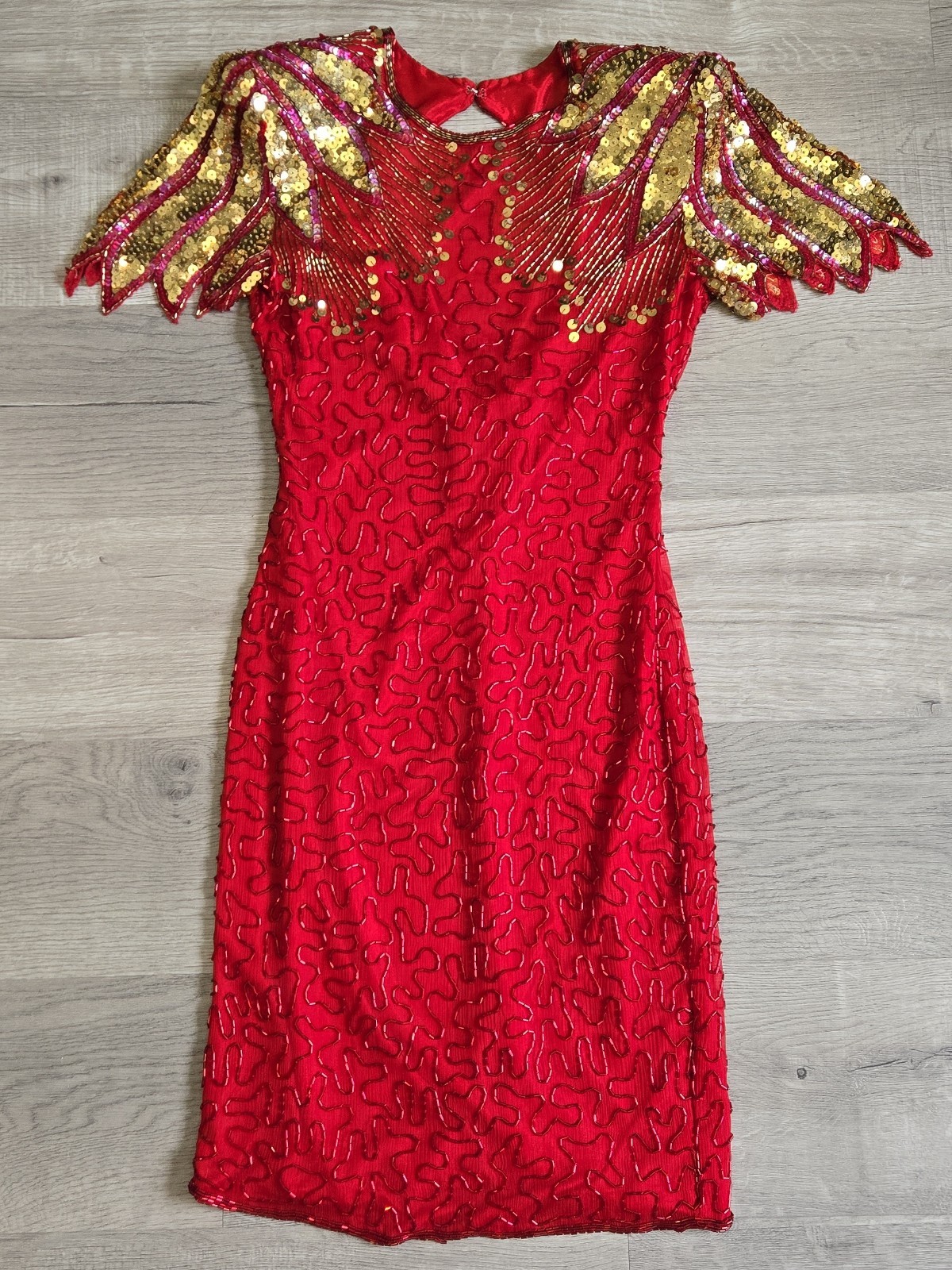 Scala Red & Gold Sequin Beaded Silk Bodycon Cocktail Dress P/P Milan Paris LA