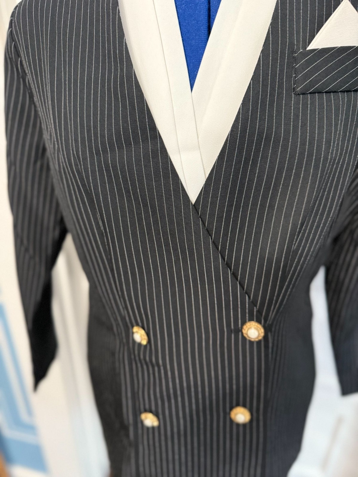 VTG 90s Black + Pinstriped Blazer Pearl Buttons Shoulder Pads, Attached Shirt