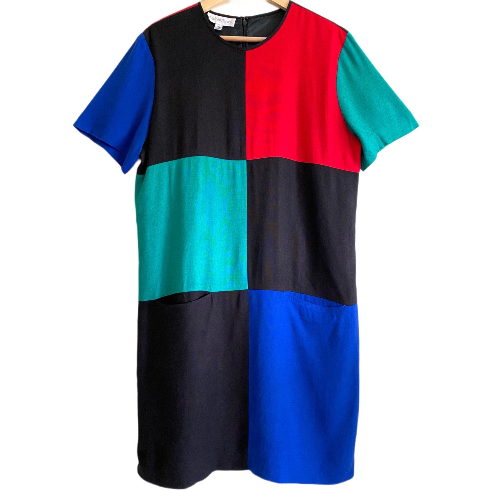VINTAGE ANDREW HARVEY Linen Blend Color-block Sheath Dress Size 10