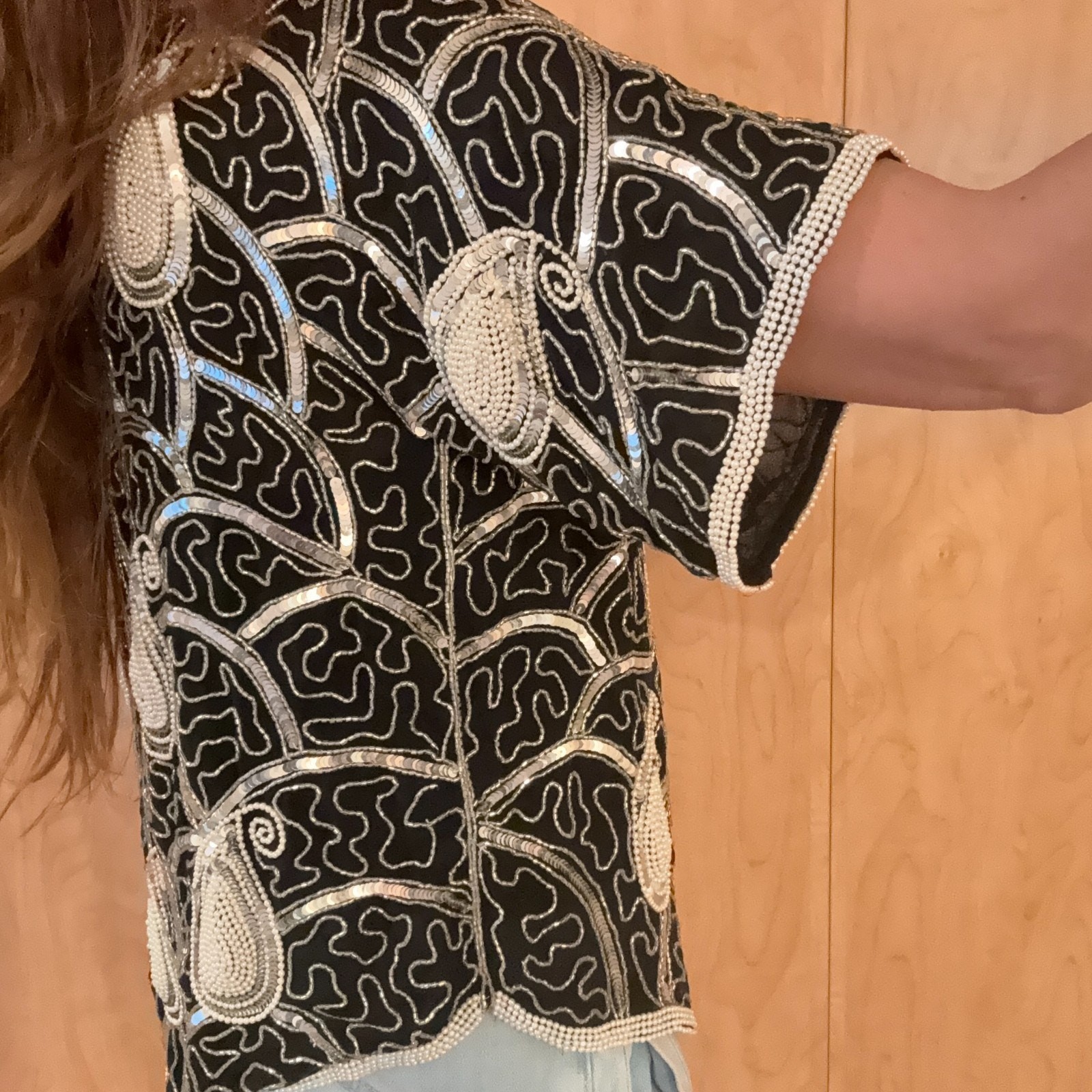 Vintage 80s Silk Beaded Blouse Statement Top Black Silver Pearl Sequins Sz S/M