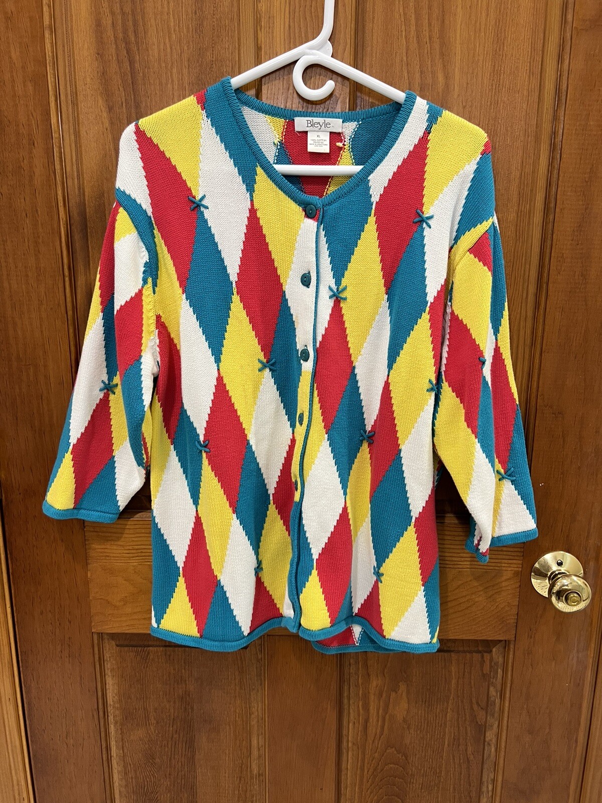 Bleyle 100% Cotton Women’s Cardigan Argyle Sweater Size XL * READ