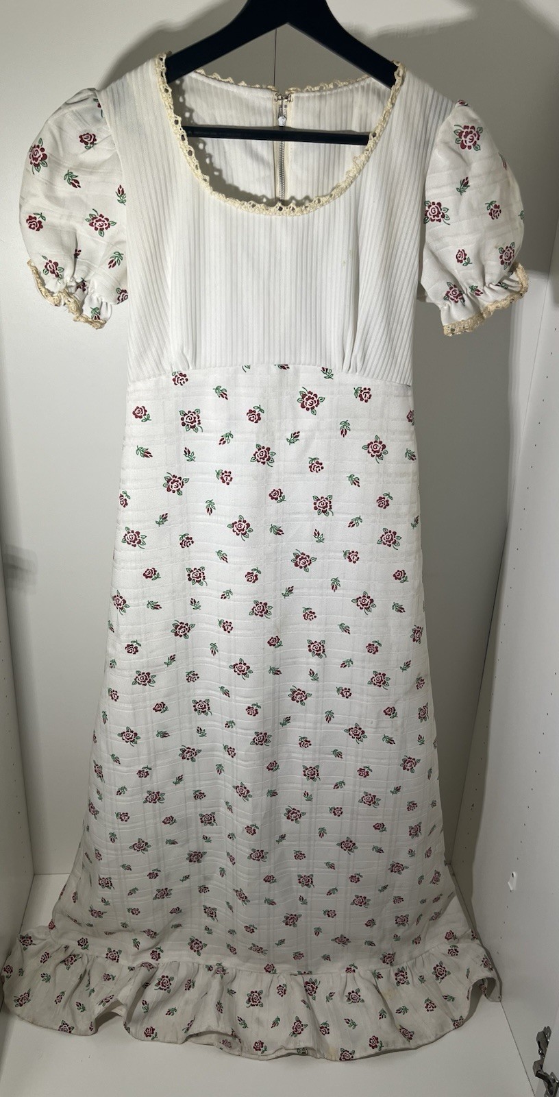1970s Prairie Dress Floral Cotton Gauze Puff Sleeve Lace Empire Size 13 As Is