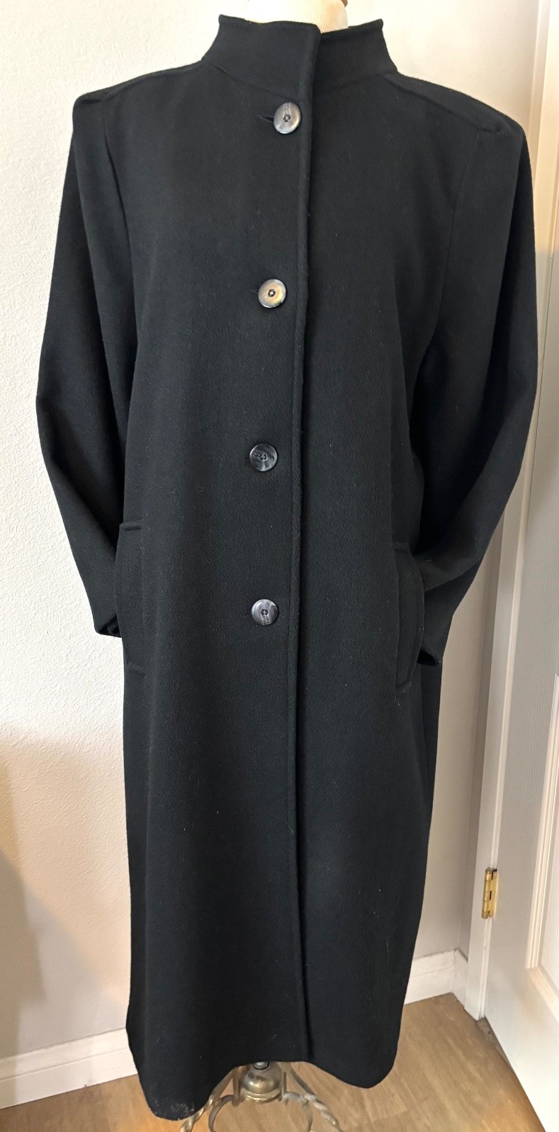 VTG ANDREA MARIN NEW YORK UNION MADE WMS BLACK WOOL BLEND COAT MAXI SEE MEASURE