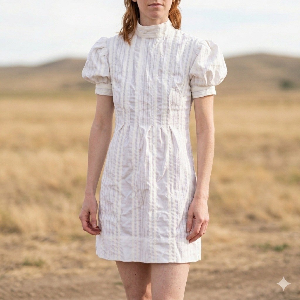 Vtg Ivory Puff Sleeve Dainty Coquette Romantic Seersucker Cotton Dobby Dress