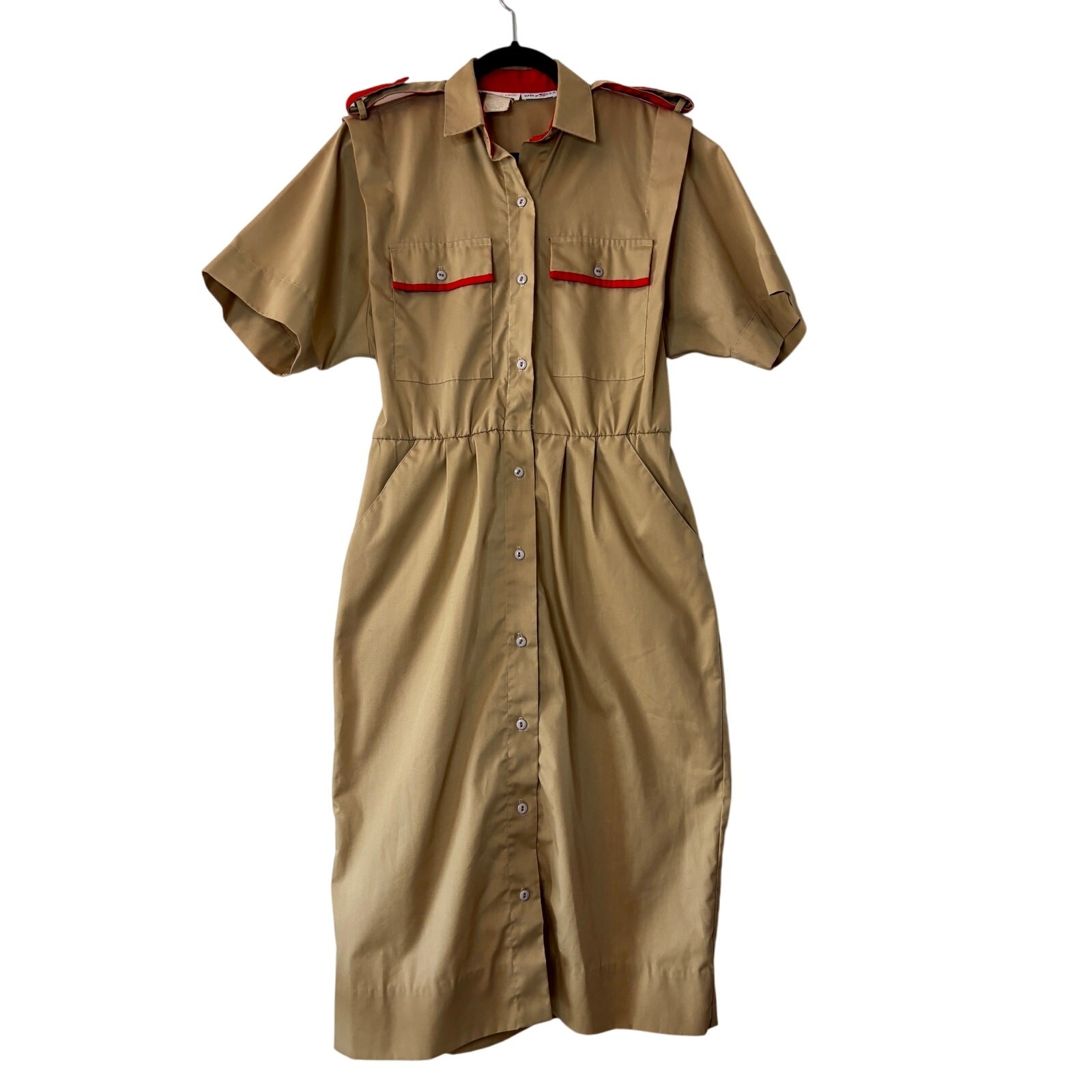 1980s California Girl Military Safari Dress Tan Khaki Red Trim Shirtwaist