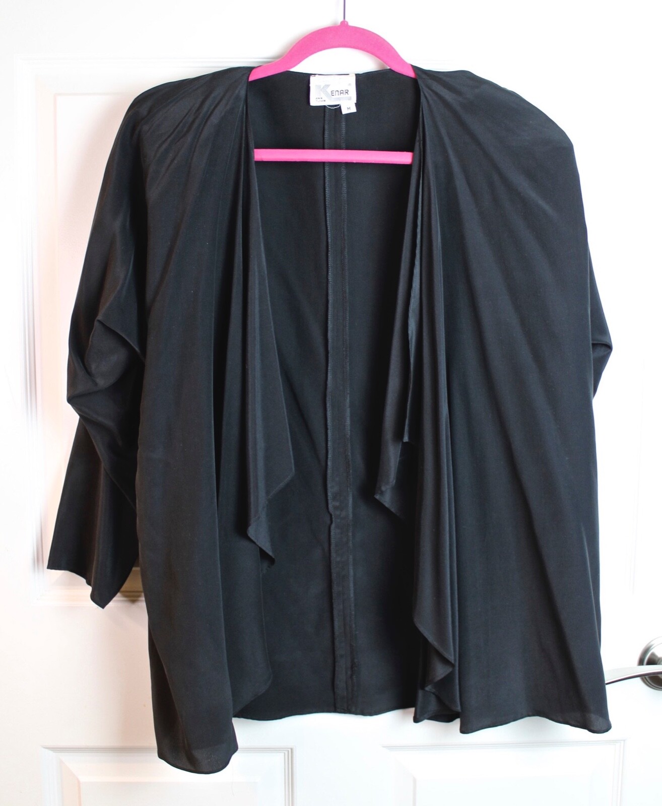 NWT Ann Tjian for Kenar Black 100% Silk Flowy Open Front Blouse 3/4 Slv Size M