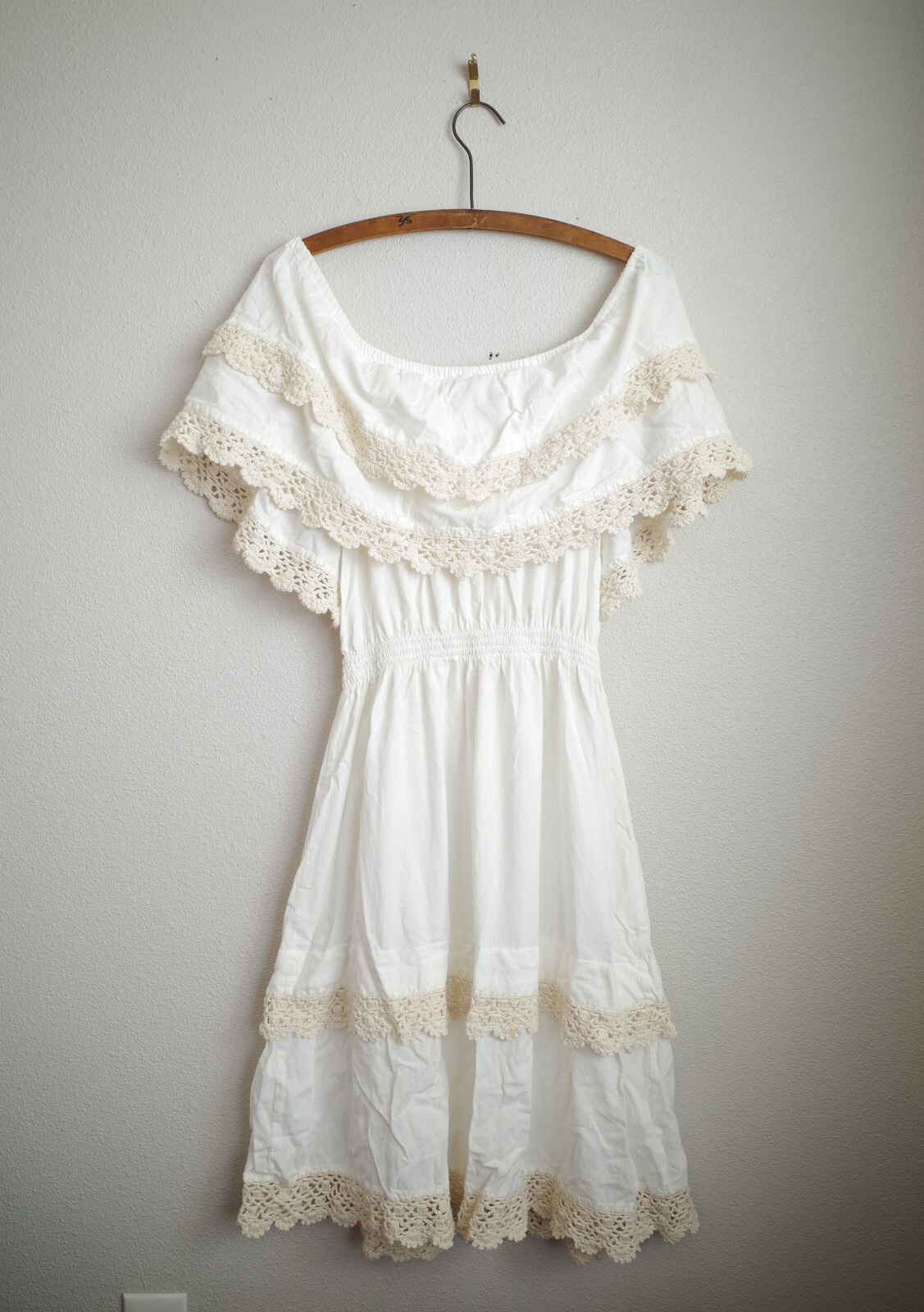Vintage 70’s Papillon White Long Dress Off Shoulder Ruffle Size S Boho Mexican