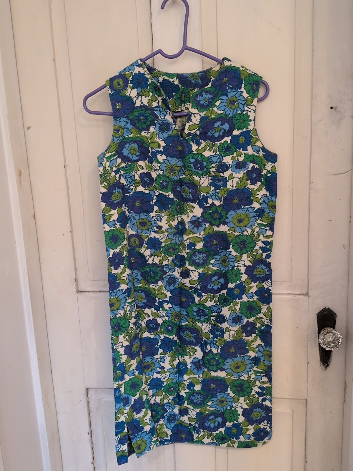 Vintage Handmade Blue Green Floral Shift Dress With V Neck, Small
