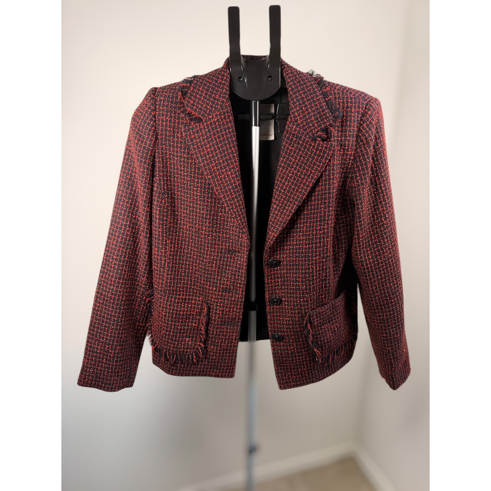 Lana Lee Canada Vintage Red Black Textured Fringe Blazer Skirt Suit Set Size 6