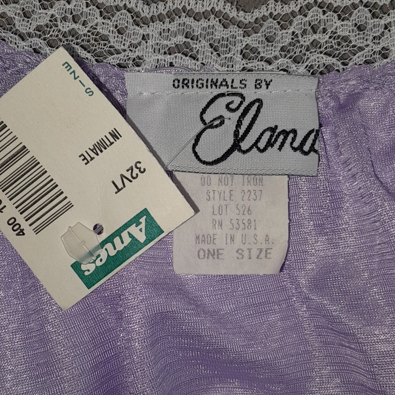 Vintage Elana Nightgown Lavender Nylon One Size Shiny Shimmer Lace Trim Made USA