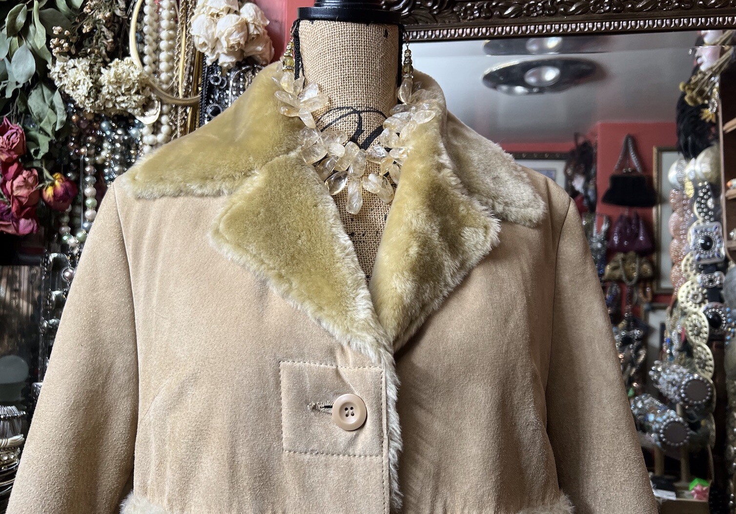 Beautiful Charles Klein Vintage Beige Genuine Suede Leather Fur Long Coat Sz S/M