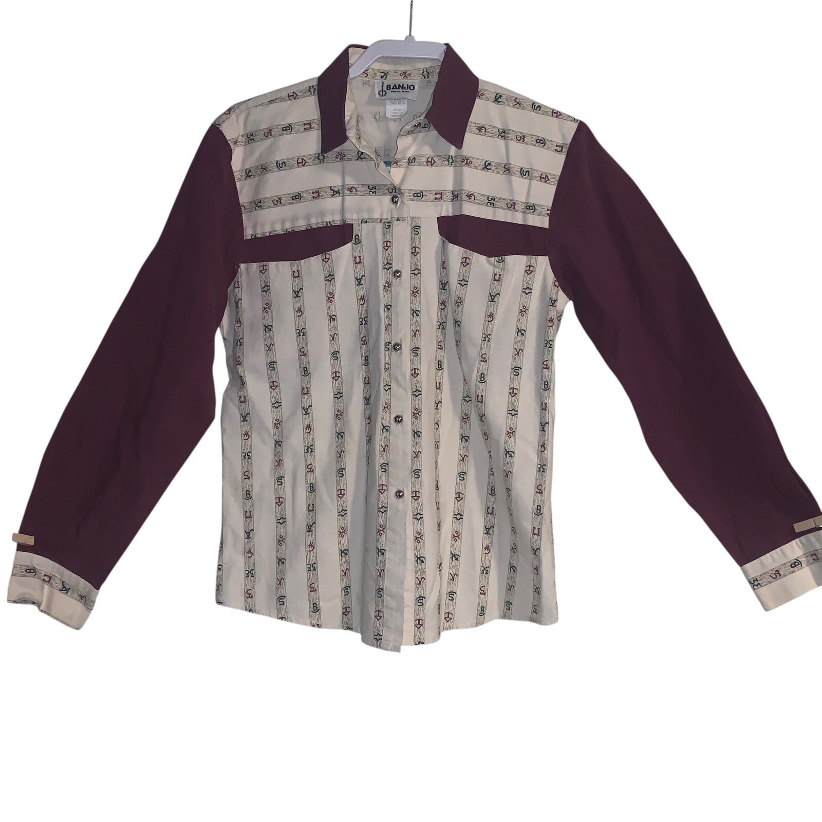 Vtg Banjo Dallas Tx Western Button Shirt Womens M Purple Cowgirlcore Made USA