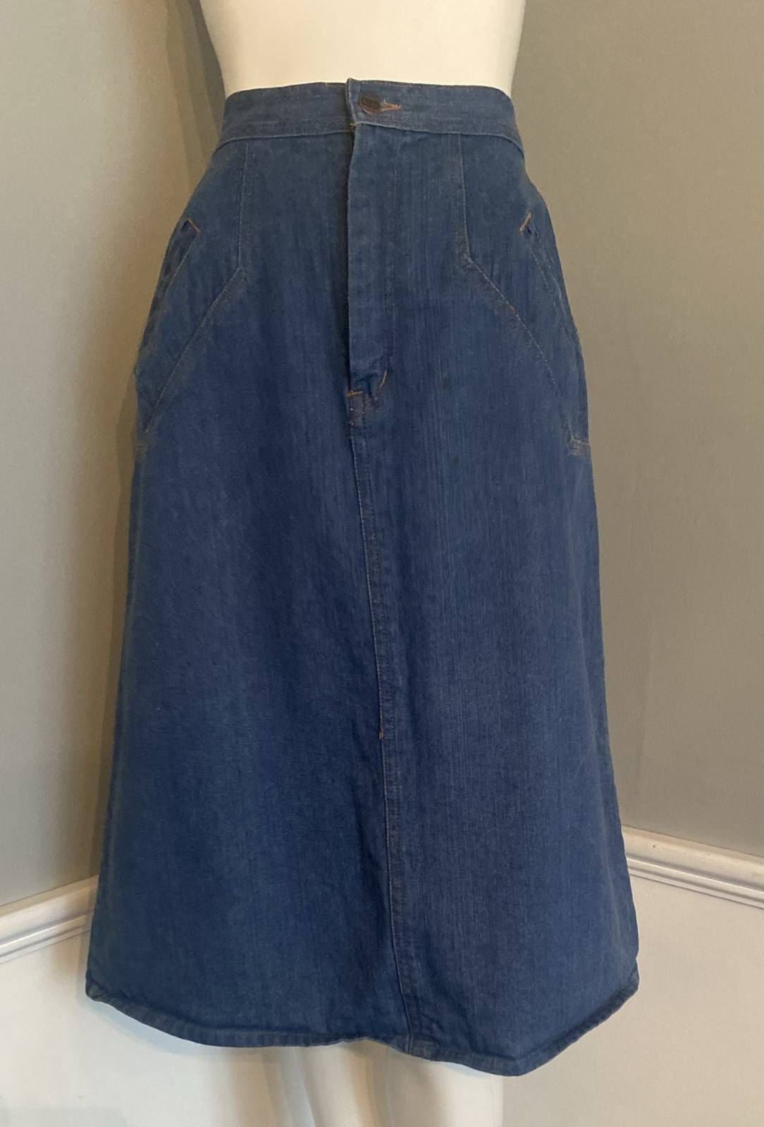 Vintage 70s Hi-Hi Denim Midi Jean Skirt Women’s 11/12 A-Line 100% Cotton Slit