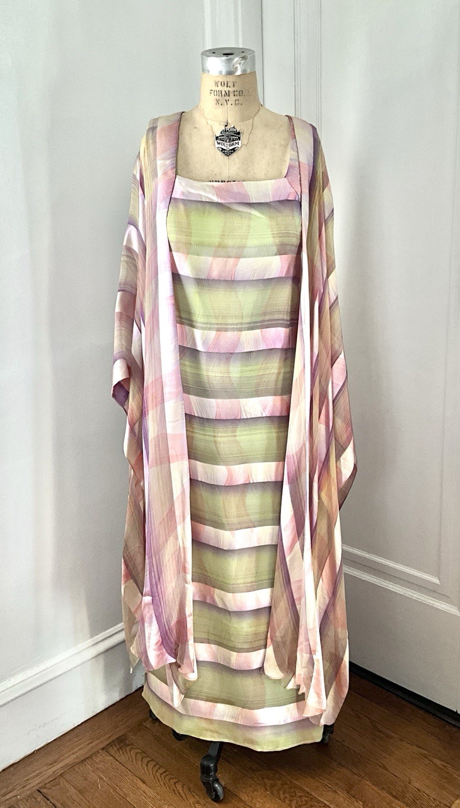 Vintage 1976 Jean Hercey Pink and Celadon Silk Combed Chiffon Dress