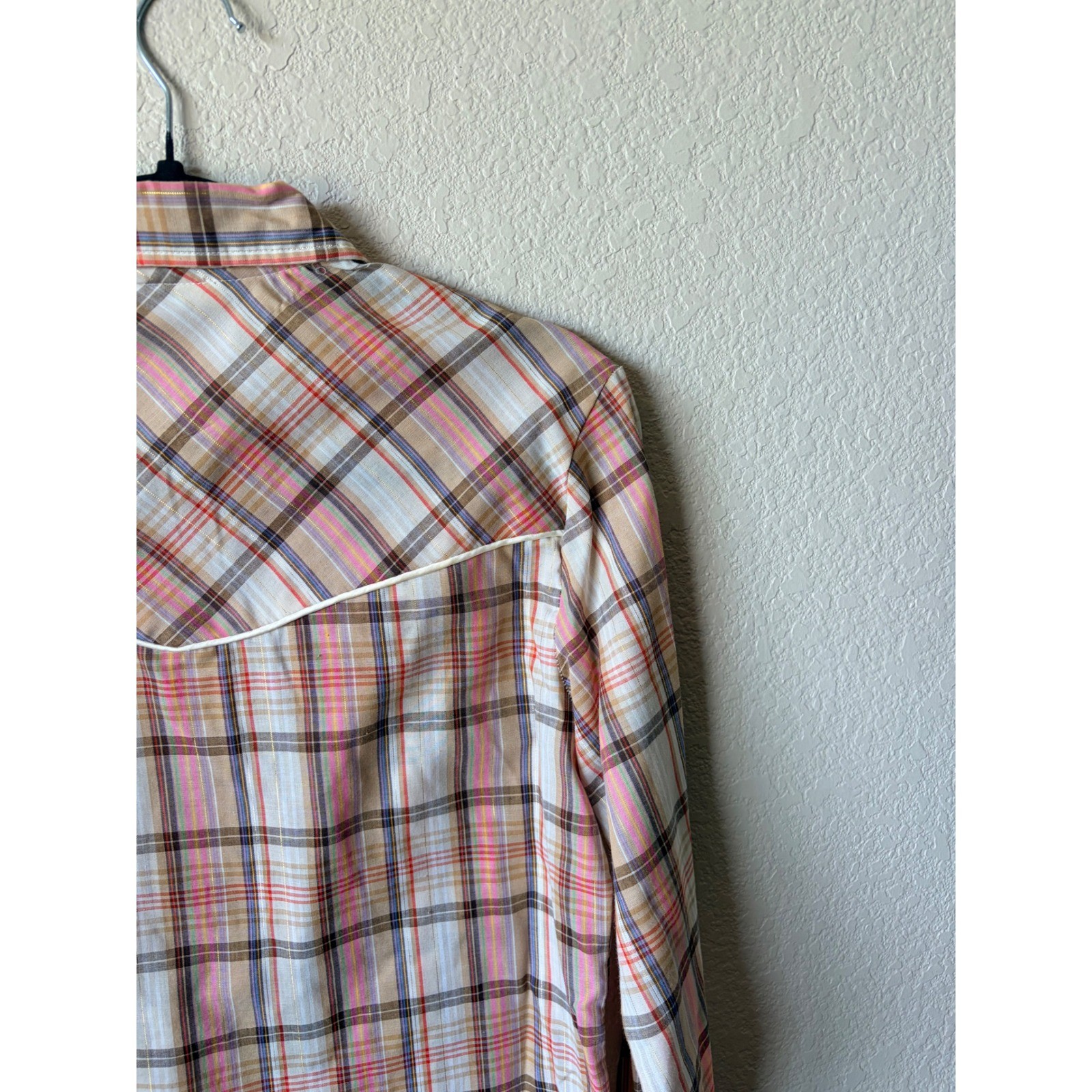 Vintage Land n Sea Western Plaid Snap Button Shirt Pink Tan Fortrel USA Size 36