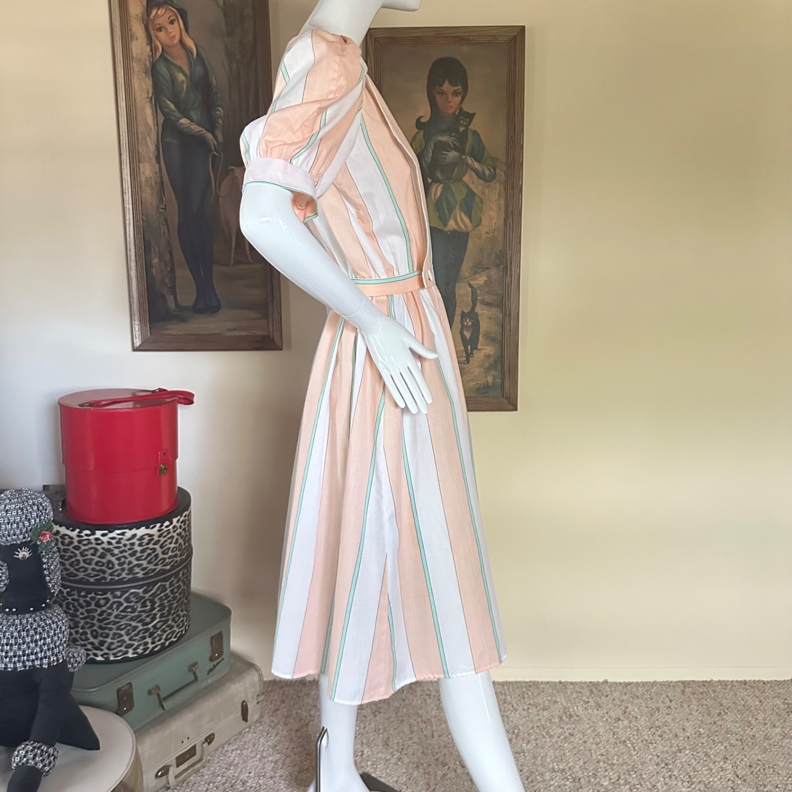 Vintage 1980s Preppy Ice Cream Pastel Striped Apron Day Dress Puff Sleeves M